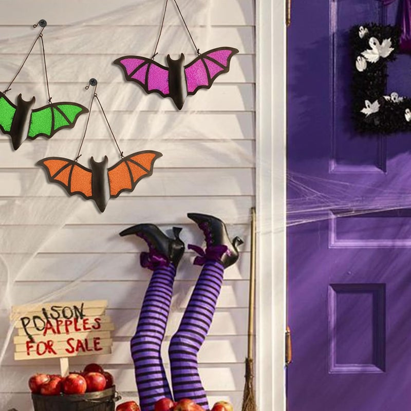 Senflame Halloween Bat Decoration​ - 3 Pack Metal & Glass Outdoor/Indoor Bat Decor with 13"x5.7" Realistic Bats in Green, Purple, Orange for Garden, Yard, Wall - Waterproof Scary Party Supplies - Image 4
